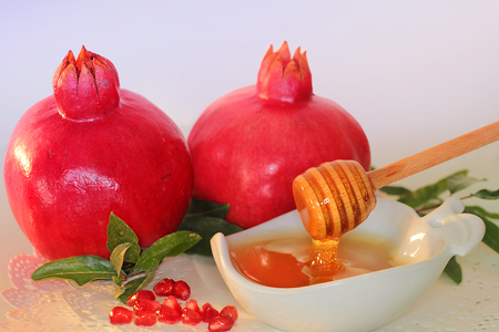 honey and pomegranates, traditional foods to celebrate jewish new year - holiday of Rosh Hashanahの写真素材