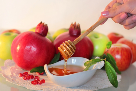 honey and pomegranates, traditional foods to celebrate jewish new year - holiday of Rosh Hashanahの写真素材