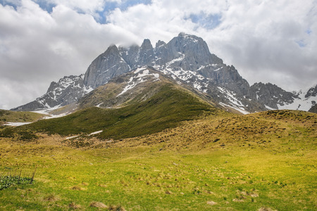 picturesque mountain landscape, Caucasus mountain range, Juta valley, Kazbegi region, Georgiaの写真素材