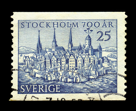 SWEDEN - CIRCA 1953: a stamp printed in the Sweden shows image of medieval Stockholm, 700 anniversary of the city, circa 1953のeditorial素材