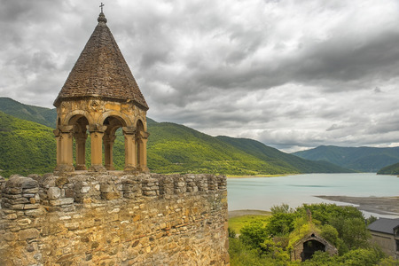 view of the Aragvi River from the height of the Ananuri fortress, castle complex on the Aragvi River in Georgiaのeditorial素材