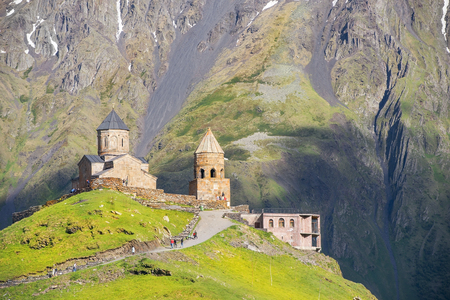 Gergeti Trinity Church (Tsminda Sameba), Holy Trinity Church near the village of Gergeti in Georgia, under Mount Kazbegiの写真素材