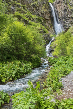 landscape with a waterfall  in the Caucasus Mountains, Georgiaの写真素材