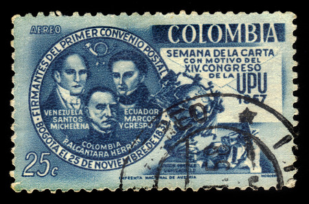 Colombia - circa 1957: A stamp printed in Colombia shows Santos Michelena, Francisco De Marcos Y Crespo, Pedro Alcantara Herran, political leaders of Latin America and UPU Monument in Bern, circa 1957のeditorial素材