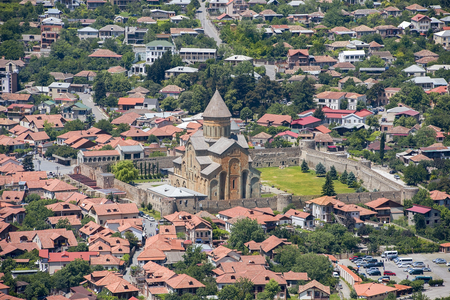 view of the old city Mtskheta and Svetitskhoveli Cathedral, Mtskheta, Georgiaの写真素材