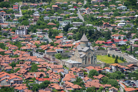 view of the old city Mtskheta and Svetitskhoveli Cathedral, Mtskheta, Georgiaの写真素材