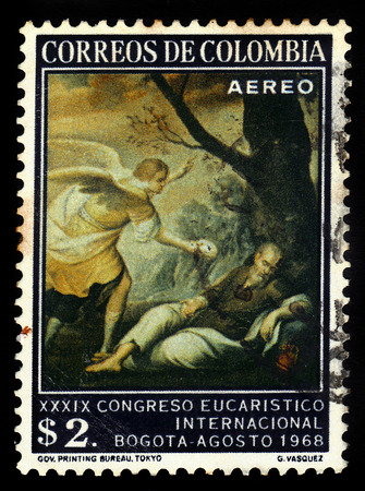 Colombia - circa 1968: A stamp printed in Colombia shows Dream of the Prophet Elias, painting by G.Vasquez, series 39th eucharistic congress, circa 1968のeditorial素材