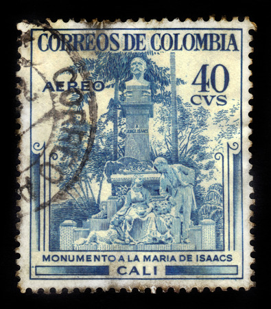 Colombia - circa 1954: A stamp printed in Colombia shows Jorge Isaacs monument in Santiago de Cali, Colombia, was a colombian writer, politician and soldier, circa 1954のeditorial素材