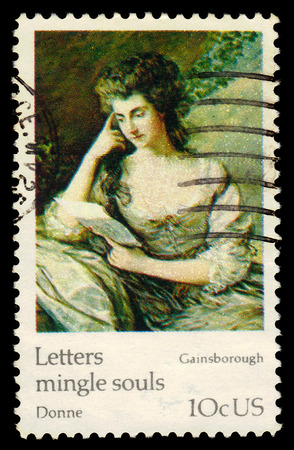 USA - CIRCA 1974: A stamp printed in United States of America shows Portrait of Mrs. Jean Douglas  in the Garden byThomas Gainsborough, with an inscription letters mingle souls, circa 1974のeditorial素材