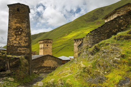 defensive towers in Ushguli - the highest inhabited village in Europe, Enguri gorge in Upper Svaneti, Georgiaの写真素材
