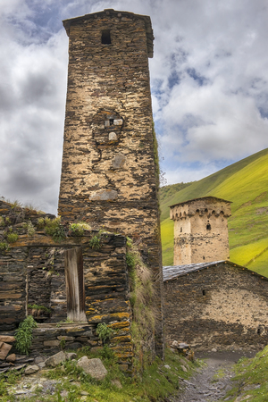 defensive towers in Ushguli - the highest inhabited village in Europe, Enguri gorge in Upper Svaneti, Georgia - UNESCO World Heritage Siteの写真素材
