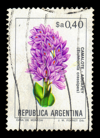ARGENTINA - CIRCA 1983: a stamp printed in the Argentina shows eichhornia crassipes, known as water hyacinth, series, circa 1983のeditorial素材