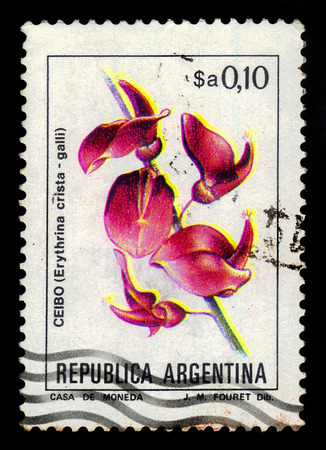 ARGENTINA - CIRCA 1983: a stamp printed in the Argentina shows erythrina crista-galli, often known as the cockspur coral tree, series, circa 1983のeditorial素材