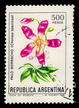 ARGENTINA - CIRCA 1983: a stamp printed in the Argentina shows palo borracho, ceiba speciosa is a sub-tropical tree in forests of South America, series, circa 1983のeditorial素材