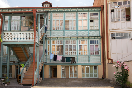 Tbilisi, Georgia - Juny 9, 2017: typical dwelling house in Abanotubani, ancient district of Tbilisi, Georgia, known for its sulfuric baths on Juny 9, 2017のeditorial素材