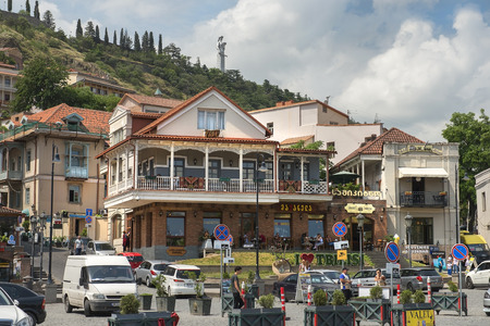 Tbilisi, Georgia - Juny 6, 2017: restaurant Machahela (Machakhela) on the square Meidani (Maidan) in old city of Tbilisi, capital of Georgia on Juny 6, 2017のeditorial素材
