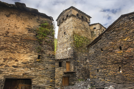 defensive towers and stone houses in Ushguli - the highest inhabited village in Europe, Enguri gorge in Upper Svaneti, Georgia - UNESCO World Heritage Siteの写真素材