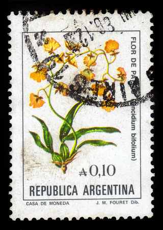 ARGENTINA - CIRCA 1985: a stamp printed in the Argentina shows oncidium bifolium is a species of orchid ranging from Brazil to northern Argentina, series, circa 1985のeditorial素材