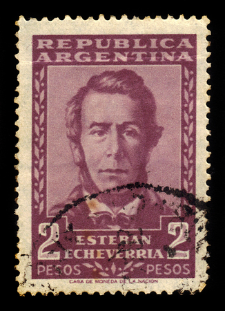 ARGENTINA - CIRCA 1957: a stamp printed in the Argentina shows portrait of Esteban Echeverria, was an argentine poet and fiction writer, circa 1957のeditorial素材