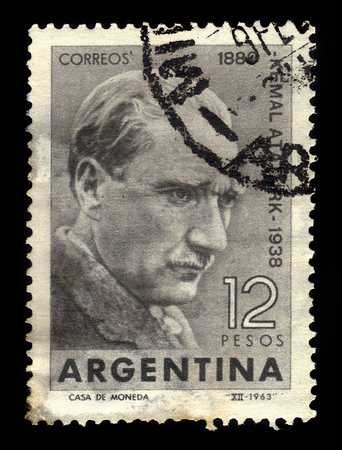 ARGENTINA - CIRCA 1963: a stamp printed in the Argentina shows portrait of Mustafa Kemal AtatÃ¼rk, was an turkish army officer, revolutionary and founder of the Republic of Turkey, first President, circa 1963のeditorial素材