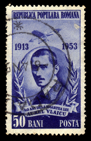 ROMANIA - CIRCA 1953: A stamp printed in Romania shows Aurel Vlaicu, romanian engineer, inventor, airplane constructor and early pilot, circa 1953のeditorial素材