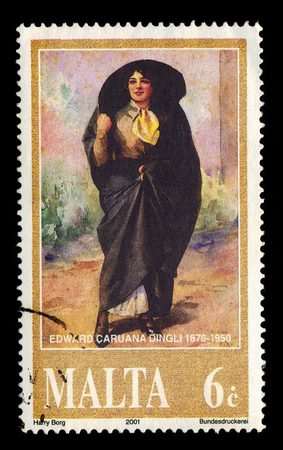 Malta - CIRCA 2001: A stamp printed in Malta shows "The Faldetta" painting by maltese artist Edward Caruana Dingli , circa 2001のeditorial素材