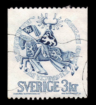 SWEDEN - CIRCA 1970: a stamp printed in the Sweden shows seal of Duke Erik Magnusson, swedish prince, circa 1970のeditorial素材