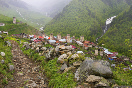 Ushguli - the highest inhabited village in Europe, Enguri gorge in Upper Svaneti, Georgiaの写真素材
