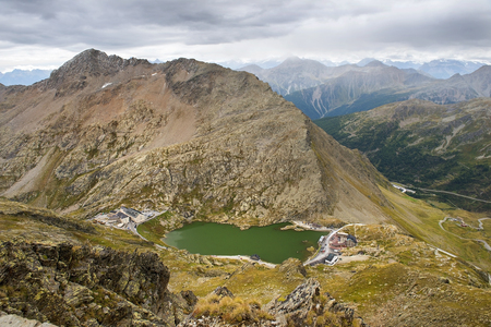 view of the Great St. Bernard Pass, highest road pass in Switzerland 2469 m. It Connects Martigny in the Canton of Valais in Switzerland with Aosta Valley Region of Italyの写真素材