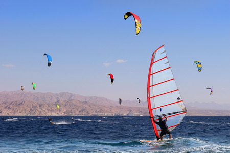 Eilat, Israel - october 17: view of a windsurfer in the gulf of Eilat, Red Sea on october 17, 2017 in  Eilat, Israelのeditorial素材