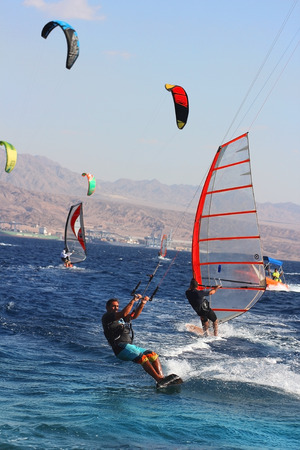 Eilat, Israel - october 17: view of a windsurfer in the gulf of Eilat, Red Sea on october 17, 2017 in  Eilat, Israelのeditorial素材