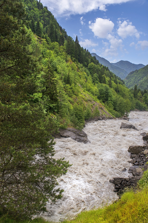 mountain landscape in the Caucasus Mountains in Upper Svaneti, Georgiaの写真素材