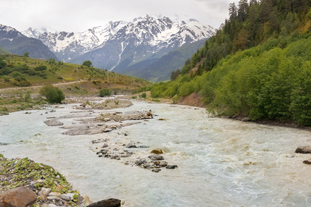 Mountain landscape in the Caucasus Mountains in Upper Svaneti, Georgiaの写真素材