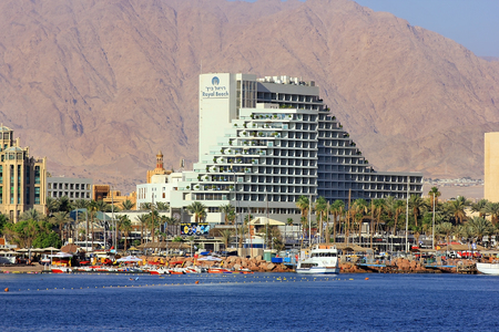 Eilat, Israel - MAY 24 : views of the coastline and luxurious hotels in popular resort - Eilat of Israel  from Gulf of Eilat on may 24, 2017 Eilat, Israelのeditorial素材