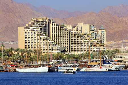Eilat, Israel - MAY 24 : views of the coastline and luxurious hotels in popular resort - Eilat of Israel  from Gulf of Eilat on may 24, 2017 Eilat, Israelのeditorial素材