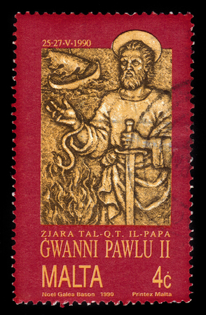 Malta - CIRCA 1990: A stamp printed in Malta shows image of the Apostle Paul, dedicated to Visit of Pope John Paul II to Malta (1990), circa 1990のeditorial素材