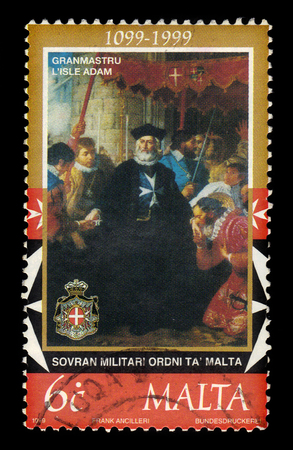 Malta - CIRCA 1999: A stamp printed in Malta shows Grand Master Philippe Villiers de L'Isle Adam of the langue of France, 900th Anniversary of the Sovereign Military Order of Malta, circa 1999のeditorial素材