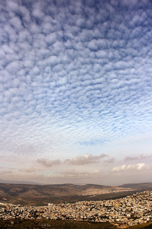 unusual visual effect during beautiful sunrise over Cana of Galilee, Israelの写真素材