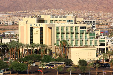 Eilat, Israel - MAY 24: modern hotel Magic Palace in popular resort - Eilat of Israel on May 24, 2017 Eilat, Israel. Magic Palace Hotel Eilat offers 322 apartments and suites, belongs Fattal Groupのeditorial素材