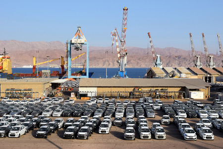 cargo port and new cars for sale, Eilat, Israelのeditorial素材
