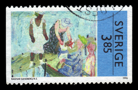 SWEDEN - CIRCA 1996: stamp printed in Sweden, shows painting by Ragnar Sandberg, swedish artist, circa 1996のeditorial素材
