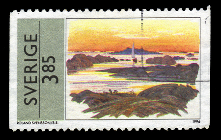 SWEDEN - CIRCA 1996: stamp printed in Sweden, shows painting by Roland Svensson, swedish painter and illustrator, circa 1996のeditorial素材