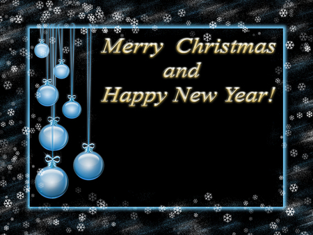 greeting card with happy new year and merry christmas, blue frame and gold inscriptionの写真素材