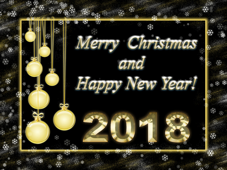 greeting card with happy new year and merry christmas, gold frame and inscription 2018の写真素材