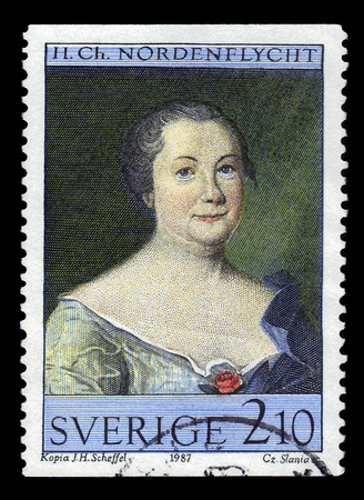 SWEDEN - CIRCA 1987: stamp printed in Sweden, shows portrait of Hedvig Charlotta Nordenflycht, swedish poet, feminist and salon hostess, series art at Gripsholm Castle, circa 1987のeditorial素材