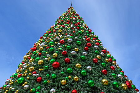 fragment of decorated christmas tree in Nazareth, Israel as a new year or christmas backgroundの写真素材