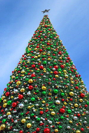 fragment of decorated christmas tree in Nazareth, Israel as a new year or christmas backgroundの写真素材