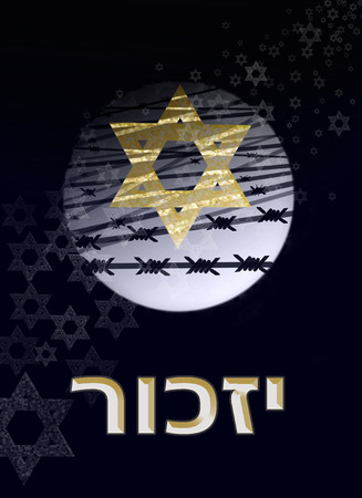 a star of David against the background of the moon and barbed wire, with inscription in Hebrew : rememberの写真素材