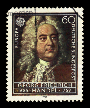 GERMANY - CIRCA 1985: A stamp printed in the Germany shows portrait George Friedrich Handel was a german composer and musician of the baroque period, series Europa (C.E.P.T.) - european year of music, circa 1985のeditorial素材