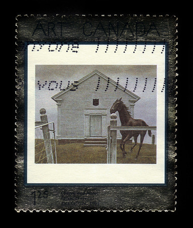CANADA - CIRCA 2002: A stamp printed in Canada shows church and horse, 1964, painting by canadian painter Alex Colville, series canadian art (15th series), circa 2002のeditorial素材